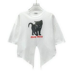 GW0522 Miu Miu White cat letter printed cotton round neck short-sleeved T-shirt